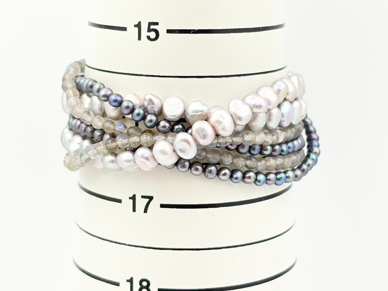 Agate silver three-row necklace with baroque freshwater pearls and labradorite stones, length 36-40 cm