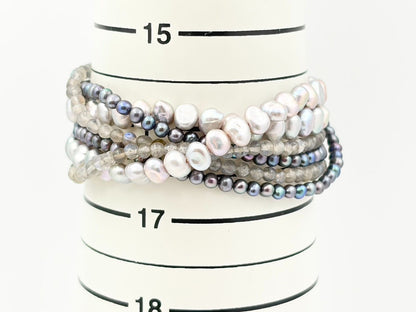 Agate silver three-row necklace with baroque freshwater pearls and labradorite stones, length 36-40 cm