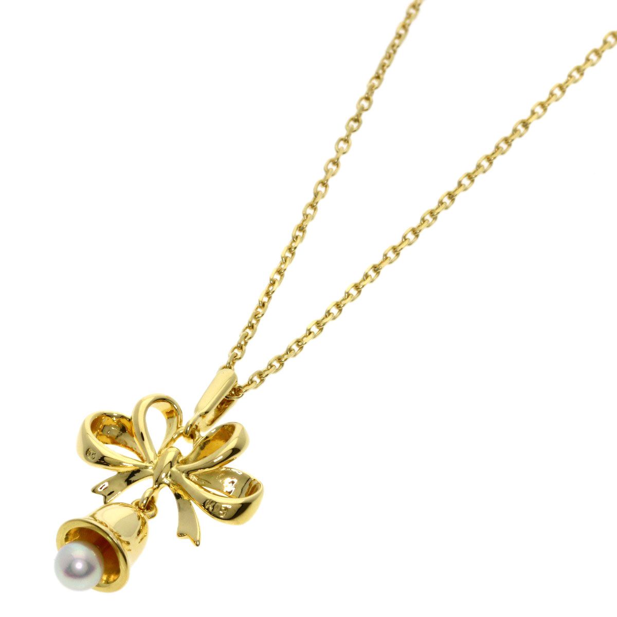 Mikimoto ladies pearl necklace with bell ribbon motif in yellow gold, 3.4mm pearls on 38cm chain