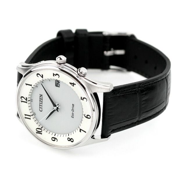 Citizen men's AS1060-11A watch with white dial, black cowhide leather band, and stainless steel case