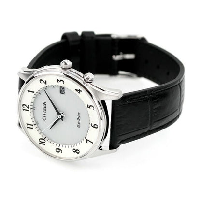 Citizen men's AS1060-11A watch with white dial, black cowhide leather band, and stainless steel case