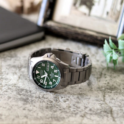 Citizen PROMARSTER LAND Series Eco-Drive Radio-Controlled Watch PMD56-2951 with green dial and silver titanium band