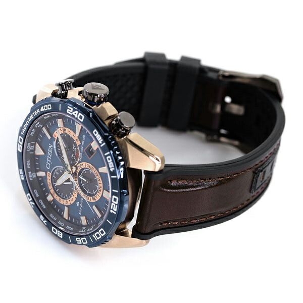 CITIZEN Promaster Land Eco-Drive radio-controlled watch with navy dial, brown and black leather band, stainless steel case with gold plating