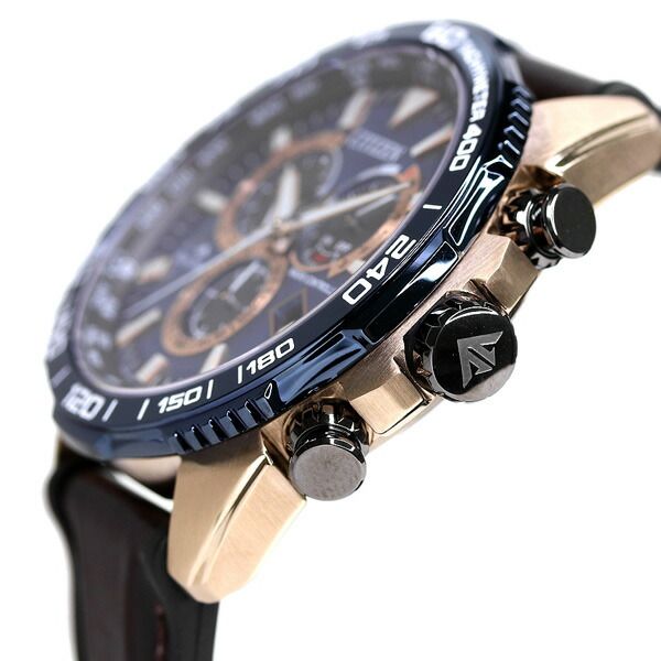 CITIZEN Promaster Land Eco-Drive radio-controlled watch with navy dial, brown and black leather band, stainless steel case with gold plating