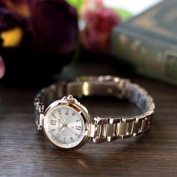 Citizen EC1037-51A women's wristwatch with silver dial and Sakura pink stainless steel band