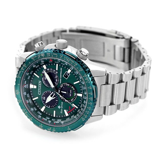 Citizen Promaster SKY Eco-Drive radio-controlled watch with green dial and stainless steel case model CB5004-59W