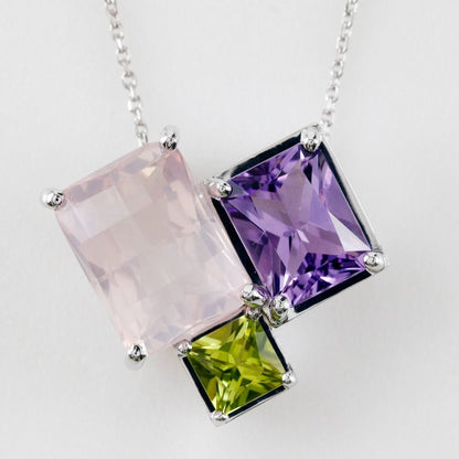 TASAKI Relaxed Elegance necklace in K18 white gold with rose quartz, amethyst, and peridot gemstones