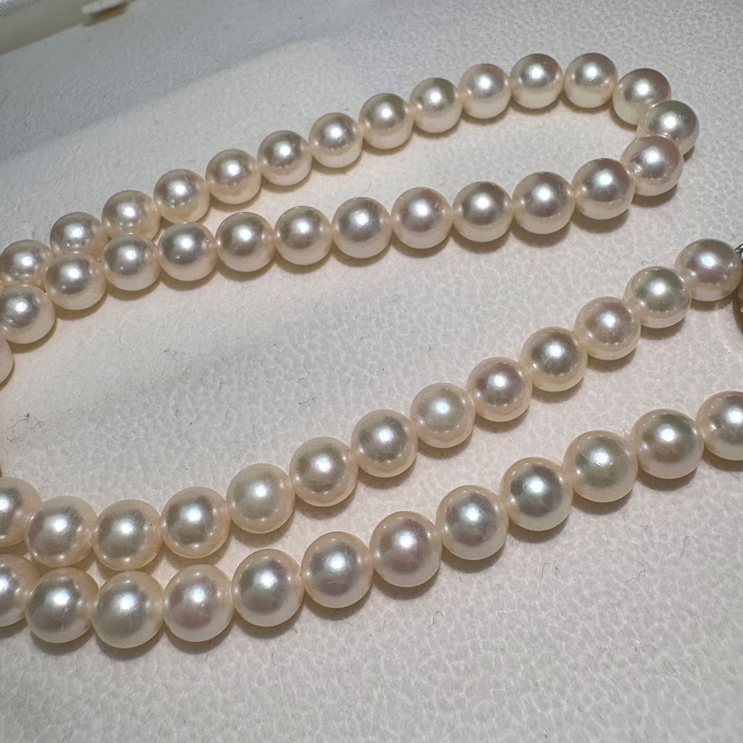 TASAKI Akoya pearl necklace featuring 6.5-7.0mm pearls and silver clasp on a 43cm strand
