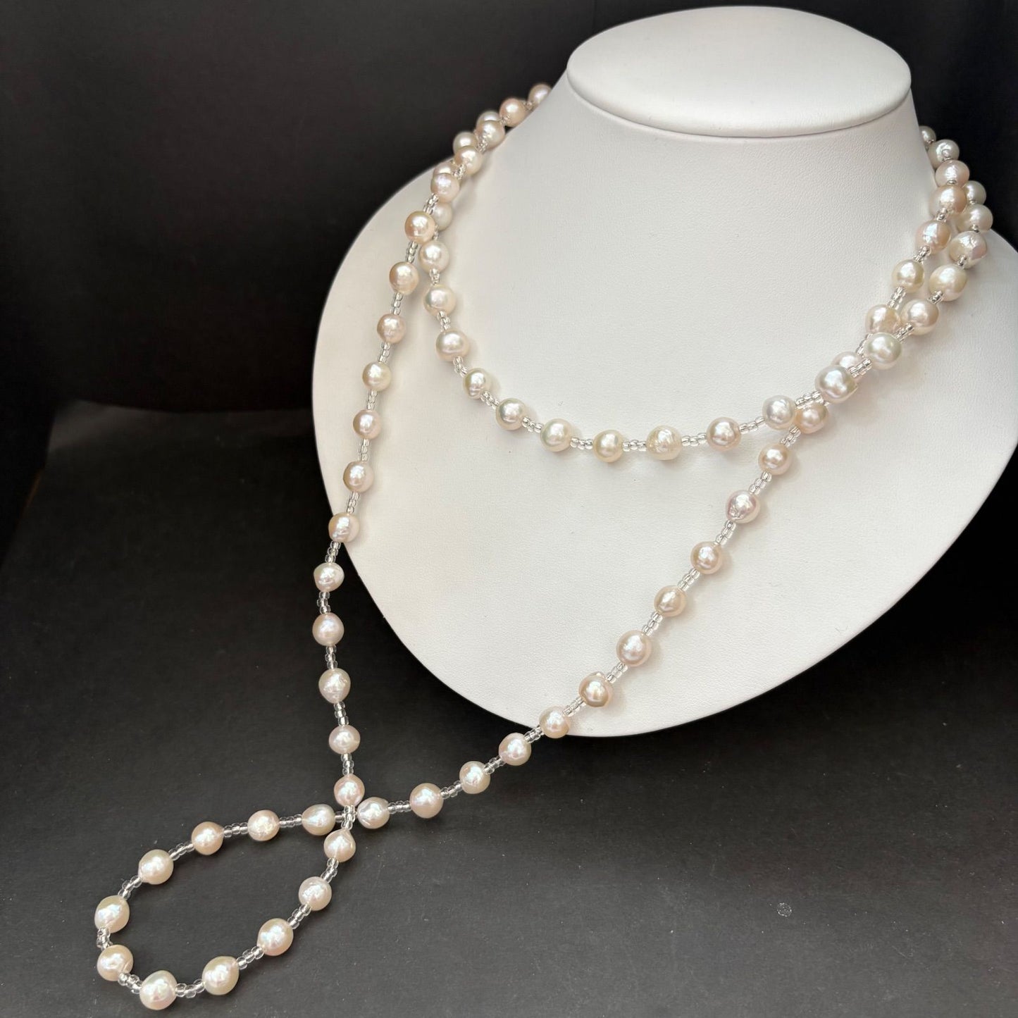 Long necklace featuring lustrous baroque Akoya pearls and crystal beads measuring about 120cm