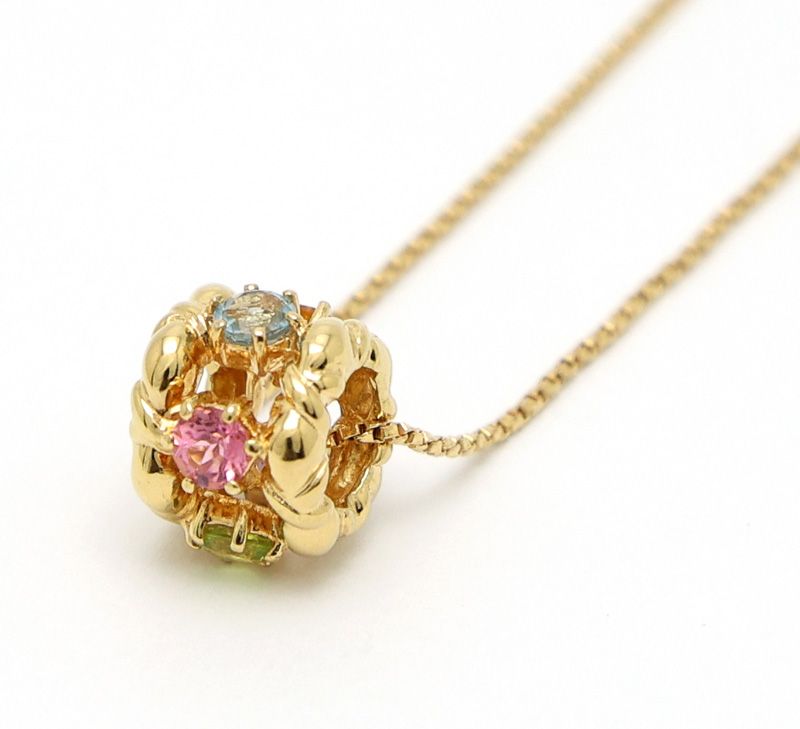 Gold K18 multicolor stone necklace with aquamarine, pink tourmaline, peridot, amethyst, and citrine stones on 40cm chain