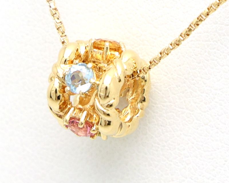 Gold K18 multicolor stone necklace with aquamarine, pink tourmaline, peridot, amethyst, and citrine stones on 40cm chain