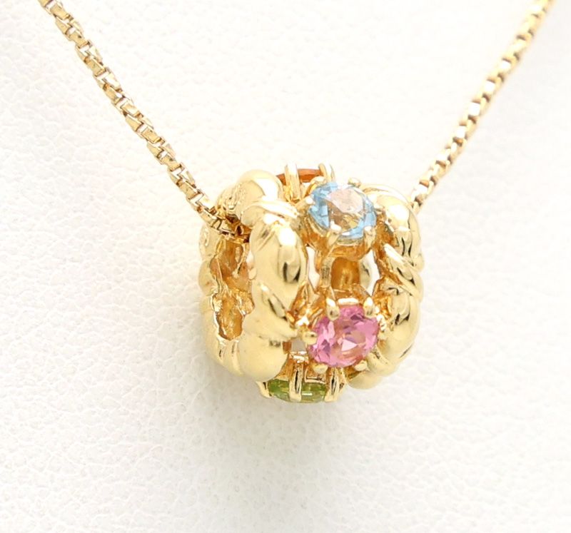 Gold K18 multicolor stone necklace with aquamarine, pink tourmaline, peridot, amethyst, and citrine stones on 40cm chain