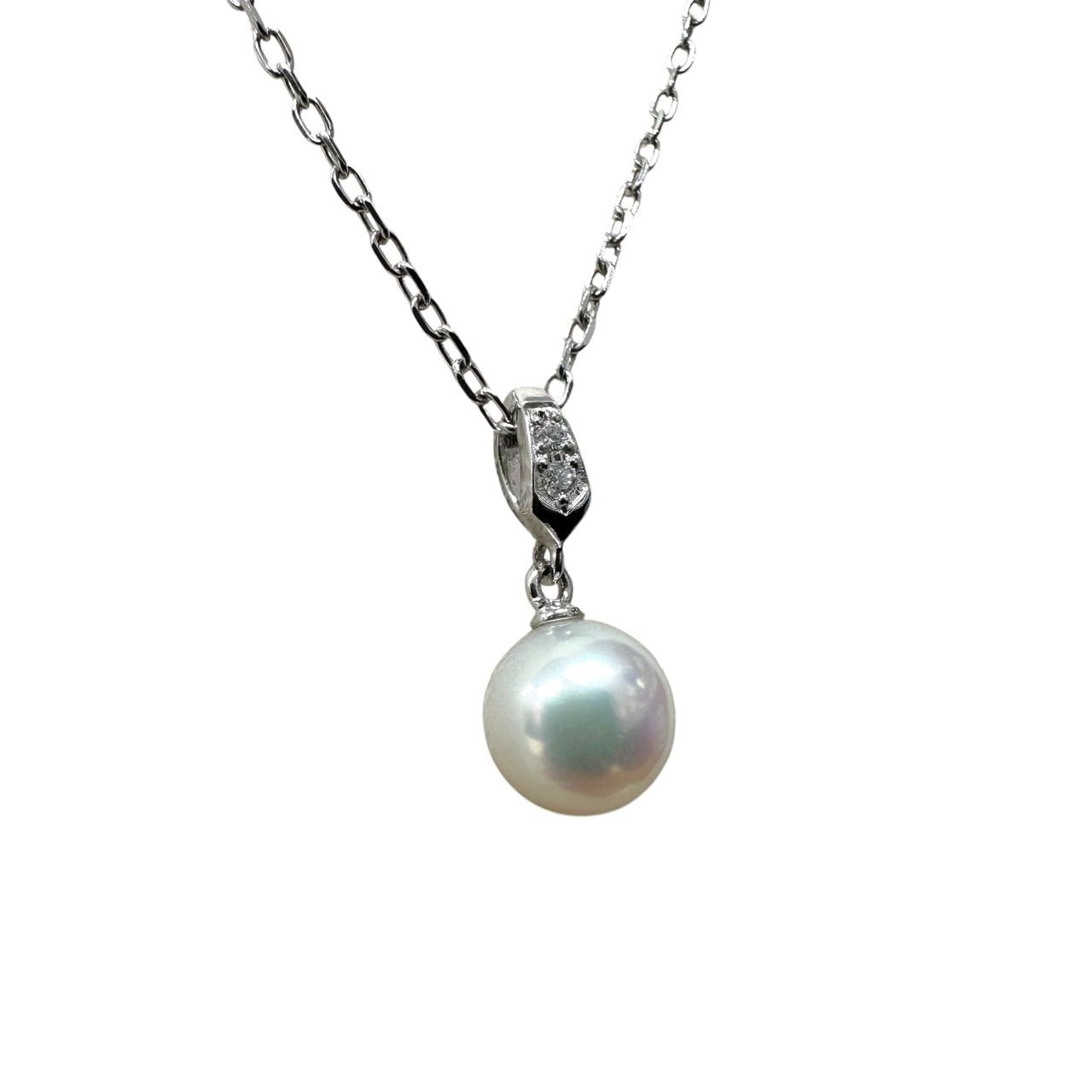 MIKIMOTO K18 white gold necklace featuring a 6.7mm pearl and diamond design, 21cm length