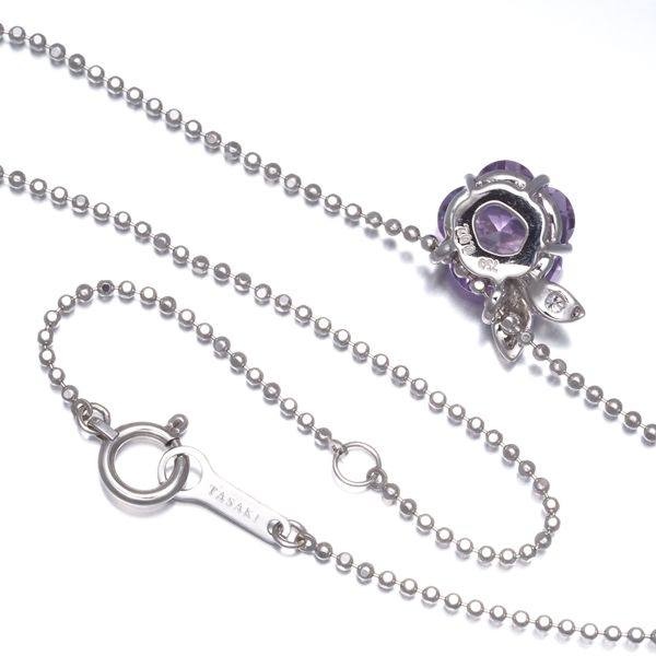 Tasaki necklace with amethyst flower and 0.02ct diamond set in 18 karat white gold weighing 3.9 grams