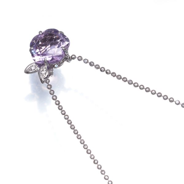 Tasaki necklace with amethyst flower and 0.02ct diamond set in 18 karat white gold weighing 3.9 grams