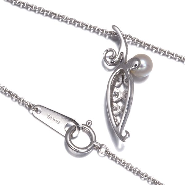 Mikimoto necklace featuring 4.5mm baby Akoya pearl and diamond leaf design in 18K white gold, 39cm length