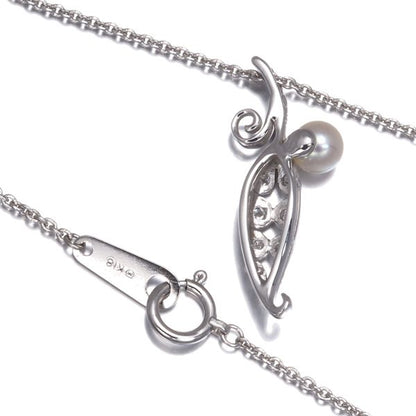Mikimoto necklace featuring 4.5mm baby Akoya pearl and diamond leaf design in 18K white gold, 39cm length