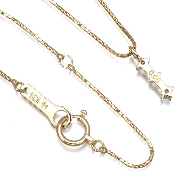 Tasaki 18K yellow gold necklace with three 0.05ct diamonds, 36 to 40 cm length, delicate 10x3.2 mm design