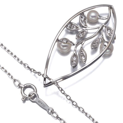 Mikimoto pearl necklace with 3.8-4.5mm pearls and diamond leaf pendant in 18k white gold, 42 cm length