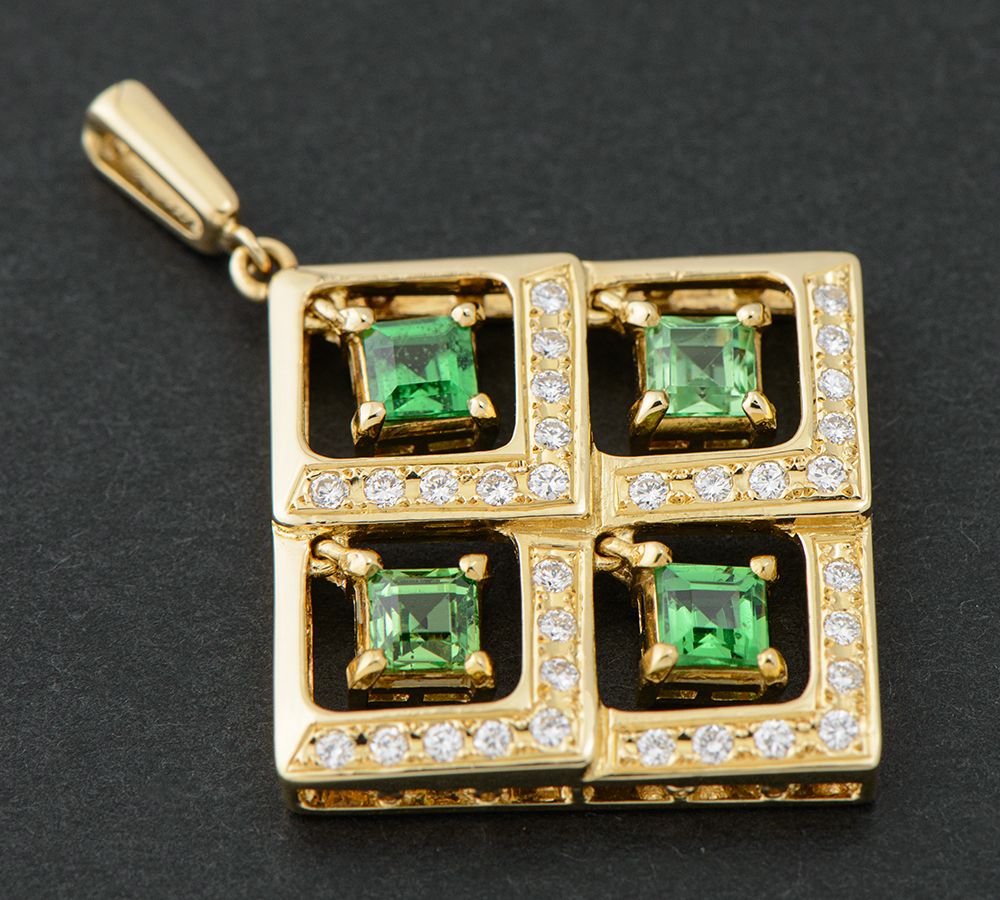 Mikimoto pendant top with 1.10ct step cut green garnet and 0.32ct secondary stones