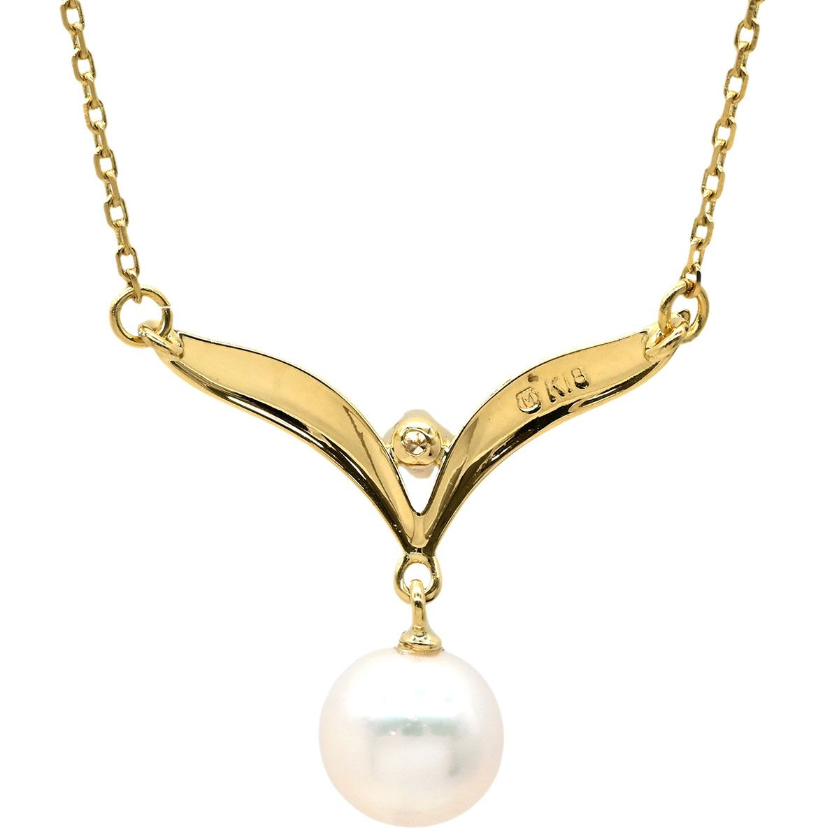 Mikimoto pearl necklace with white pearls and yellow gold V-shape pendant, mid-size length