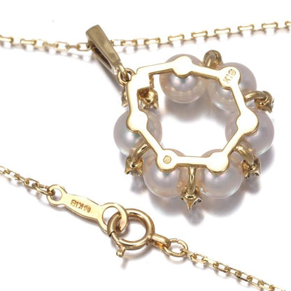 Mikimoto necklace with 5.3mm pearl and diamond circle pendant in 18k yellow gold, 38cm chain