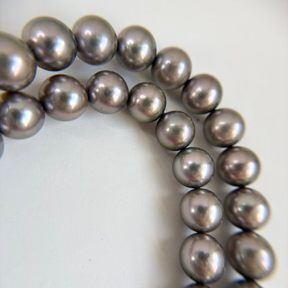 Akoya pearl necklace with silver gray round pearls 7.5 to 8mm on silver chain with certification card