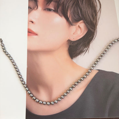 Akoya pearl necklace with silver gray round pearls 7.5 to 8mm on silver chain with certification card