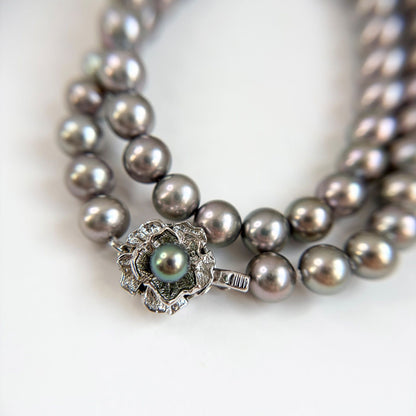 Akoya pearl necklace with silver gray round pearls 7.5 to 8mm on silver chain with certification card