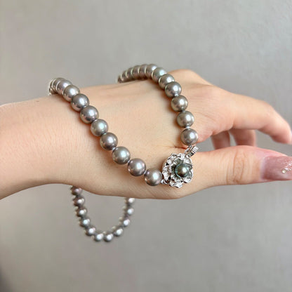Akoya pearl necklace with silver gray round pearls 7.5 to 8mm on silver chain with certification card
