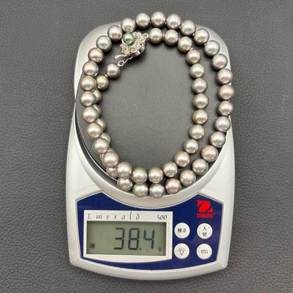 Akoya pearl necklace with silver gray round pearls 7.5 to 8mm on silver chain with certification card