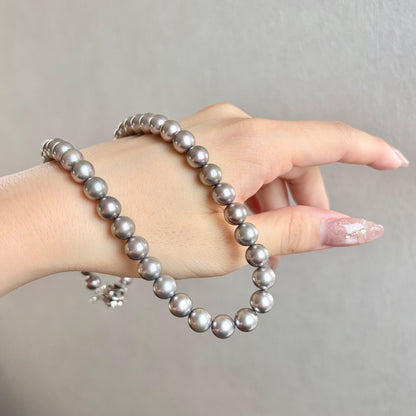 Akoya pearl necklace with silver gray round pearls 7.5 to 8mm on silver chain with certification card