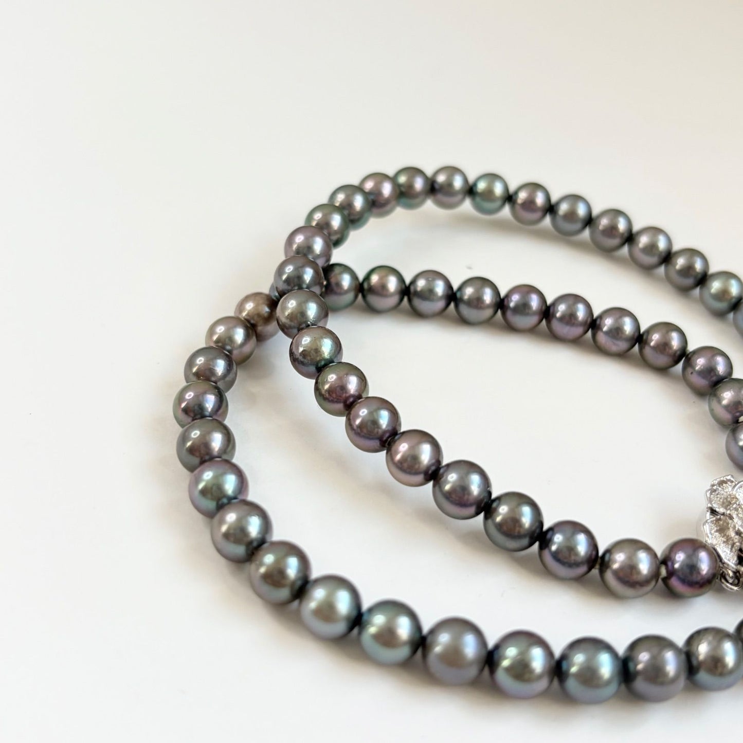 Silver necklace featuring a round black Akoya pearl 6.5-7mm with attached identification card on a 42cm chain