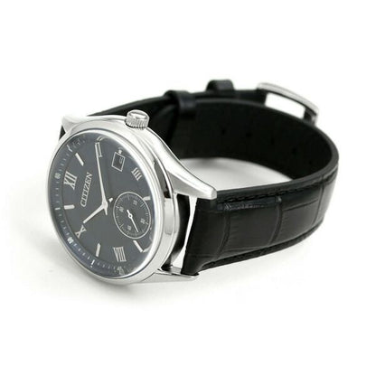 Citizen Eco-Drive BV1120-15L men's watch with navy dial, black leather strap, and stainless steel case
