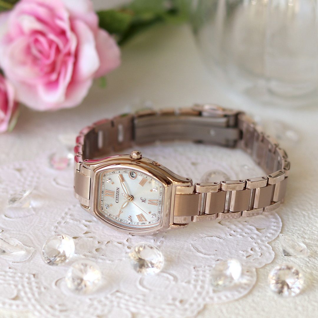 Citizen ES9354-69B ladies wristwatch with pearl white dial and pink gold super titanium band