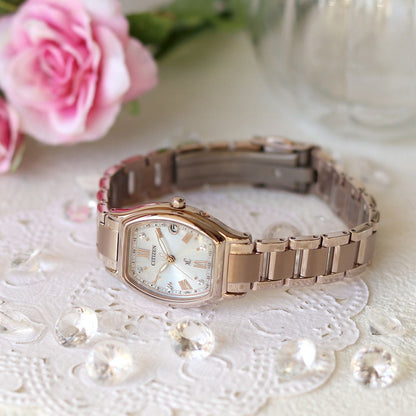 Citizen ES9354-69B ladies wristwatch with pearl white dial and pink gold super titanium band