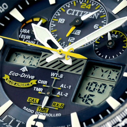 Citizen Promaster JY8078-52L watch with stainless steel band and navy liquid crystal dial