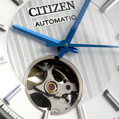 Citizen Collection Mechanical Classic Open Heart Watch NH9111-11B with silver dial and black cowhide leather band