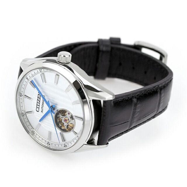 Citizen Collection Mechanical Classic Open Heart Watch NH9111-11B with silver dial and black cowhide leather band