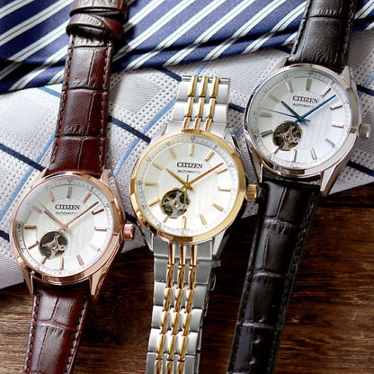 Citizen Collection Mechanical Classic Open Heart Watch NH9111-11B with silver dial and black cowhide leather band