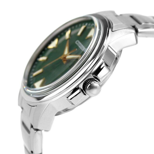 Citizen BM8180-71W watch with green dial, stainless steel case and band, displaying day and date features