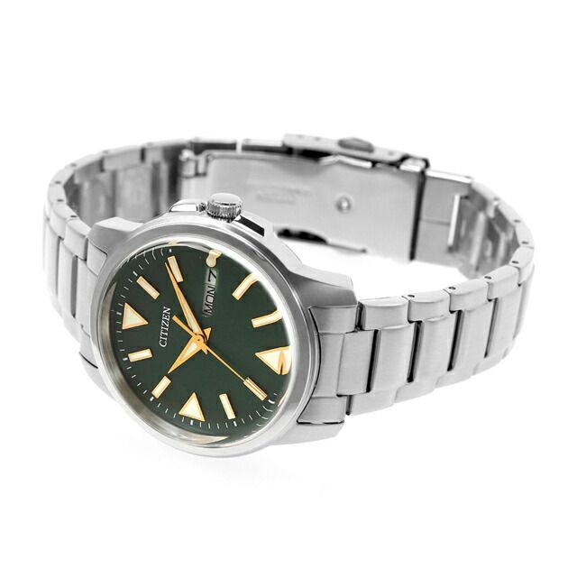 Citizen BM8180-71W watch with green dial, stainless steel case and band, displaying day and date features