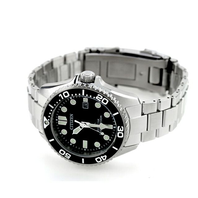 Citizen PROMASTER Marine Diver 200m BN0261-51E watch with black dial and silver stainless steel split pipe band