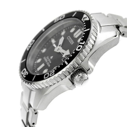 Citizen PROMASTER Marine Diver 200m BN0261-51E watch with black dial and silver stainless steel split pipe band