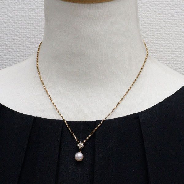 Mikimoto K18YG Akoya Pearl Diamond Pendant Necklace with 7.8mm pearl and 40cm yellow gold chain