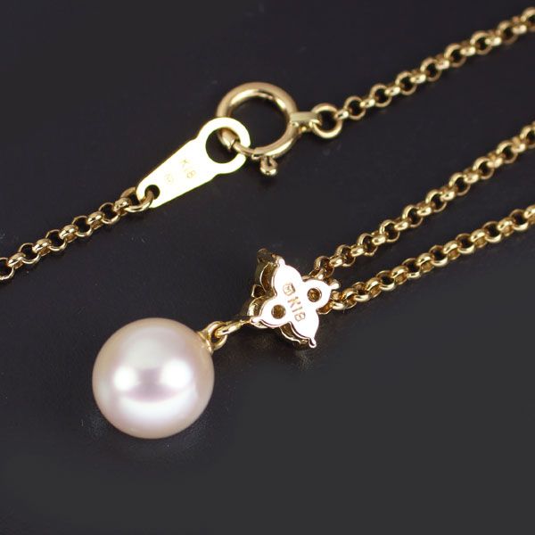 Mikimoto K18YG Akoya Pearl Diamond Pendant Necklace with 7.8mm pearl and 40cm yellow gold chain