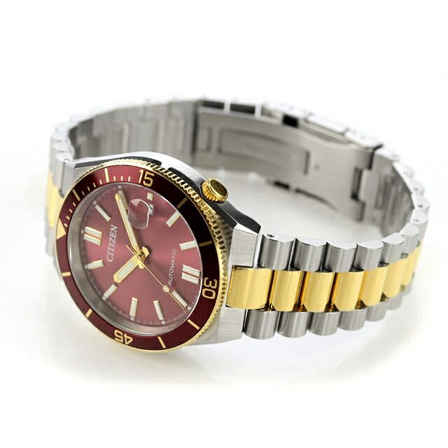 Citizen Collection men's automatic watch NJ0234-58X with red dial and silver gold stainless steel band
