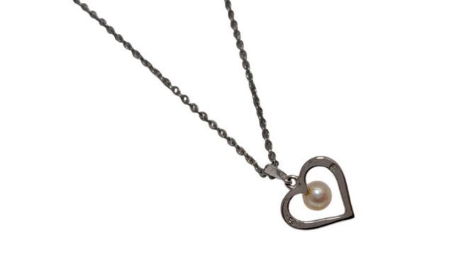Mikimoto necklace featuring a 38mm baby pearl heart pendant on a 38cm silver chain