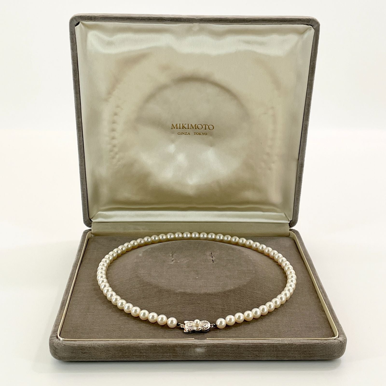 Mikimoto Akoya Pearl Silver Necklace model 24-2988 displayed with pearls and silver chain in jewelry box