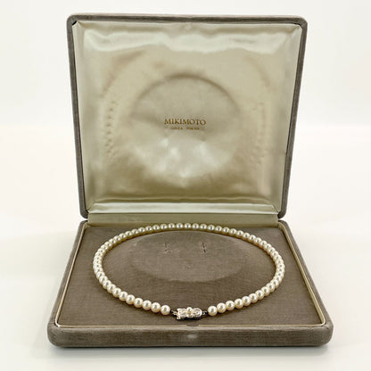 Mikimoto Akoya Pearl Silver Necklace model 24-2988 displayed with pearls and silver chain in jewelry box